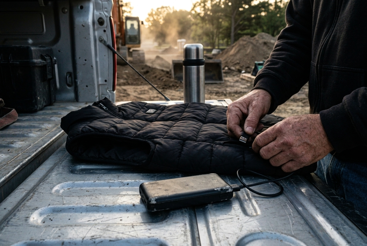 The heated vest on a workbench next to a USB power bank and work gloves